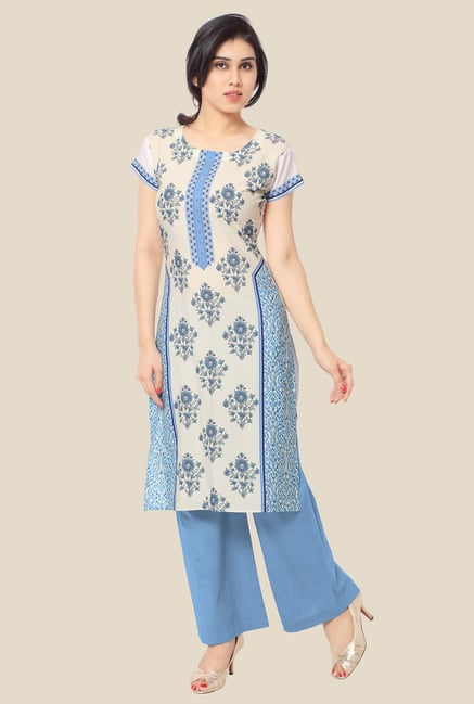 Ahalyaa Beige & Blue Floral Print Kurta Ahalyaa Beige & Blue Floral Print Kurta