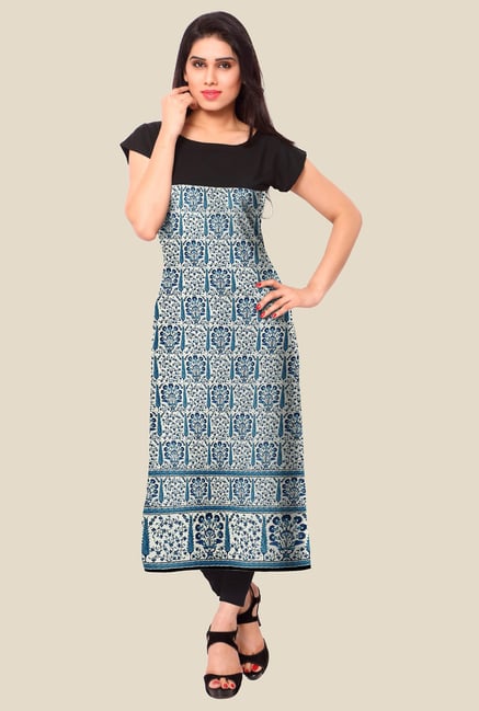 Ahalyaa Blue & Black Floral Print Kurta Ahalyaa Blue & Black Floral Print Kurta