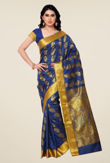 Janasya Dark Blue Paisley Print Kanchipuram Silk Saree Janasya Dark Blue Paisley Print Kanchipuram Silk Saree