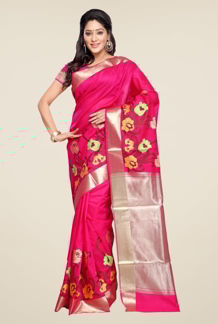 Janasya Fuchsia Floral Print Banarasi Silk Saree Janasya Fuchsia Floral Print Banarasi Silk Saree