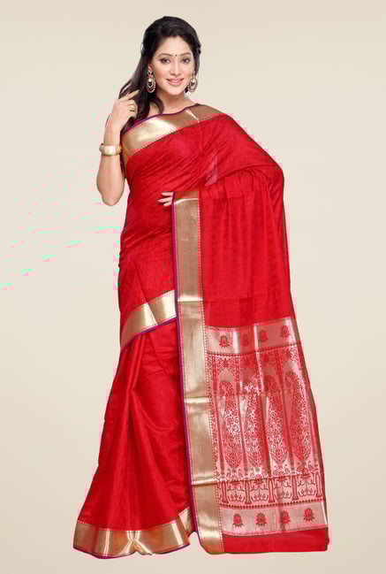 Janasya Red Printed Kanchipuram Silk Saree Janasya Red Printed Kanchipuram Silk Saree