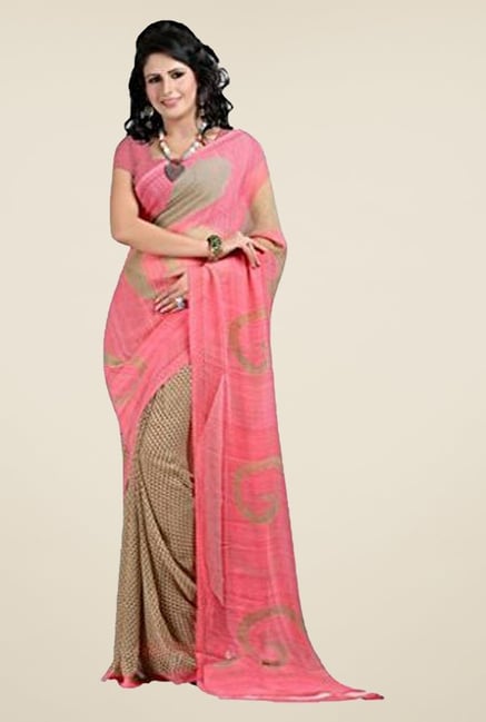 Janasya Beige & Pink Printed Georgette Saree Janasya Beige & Pink Printed Georgette Saree