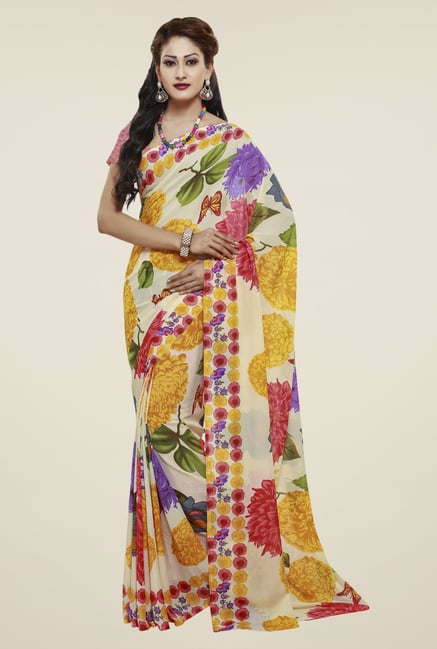 Janasya Cream Floral Print Georgette Saree Janasya Cream Floral Print Georgette Saree