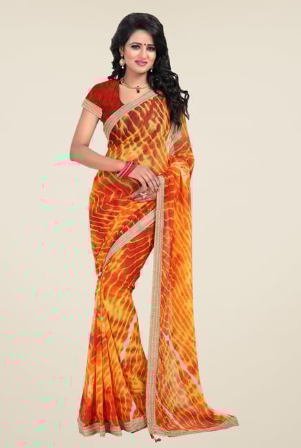 Janasya Yellow & Orange Printed Chiffon Saree Janasya Yellow & Orange Printed Chiffon Saree