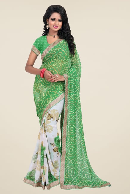 Janasya White & Green Printed Chiffon Saree Janasya White & Green Printed Chiffon Saree