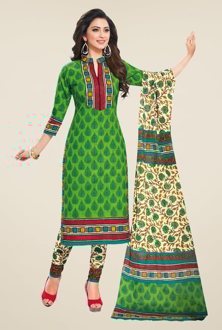 Salwar Studio Green & Beige Printed Dress Material Salwar Studio Green & Beige Printed Dress Material