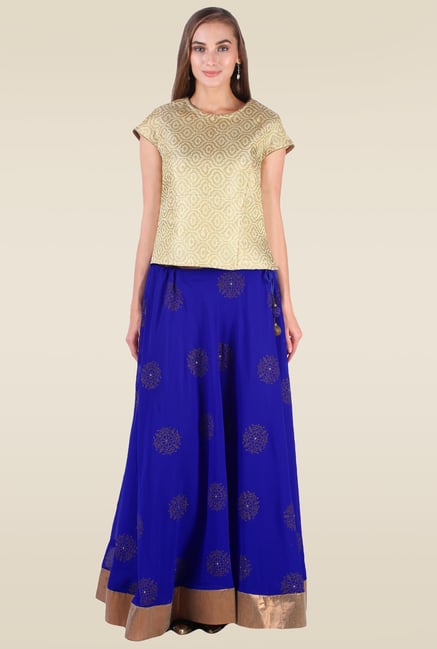 9rasa Gold & Royal Blue Printed Lehenga Set 9rasa Gold & Royal Blue Printed Lehenga Set