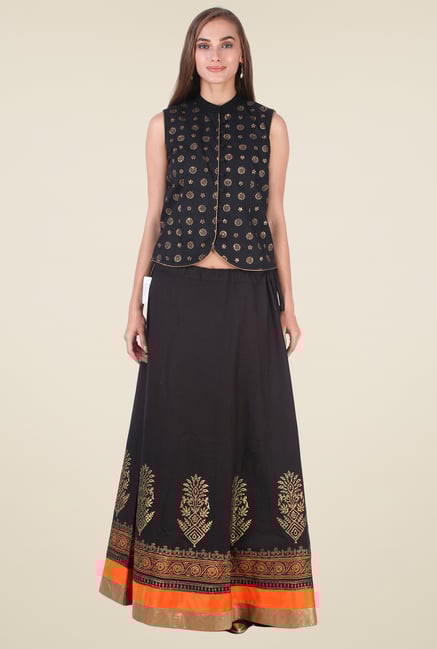 9rasa Black & Orange Printed Lehenga Set 9rasa Black & Orange Printed Lehenga Set