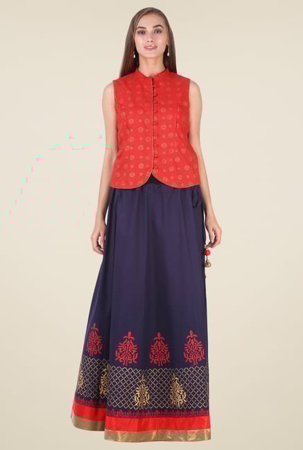 9rasa Dark Blue & Red Printed Lehenga Set 9rasa Dark Blue & Red Printed Lehenga Set