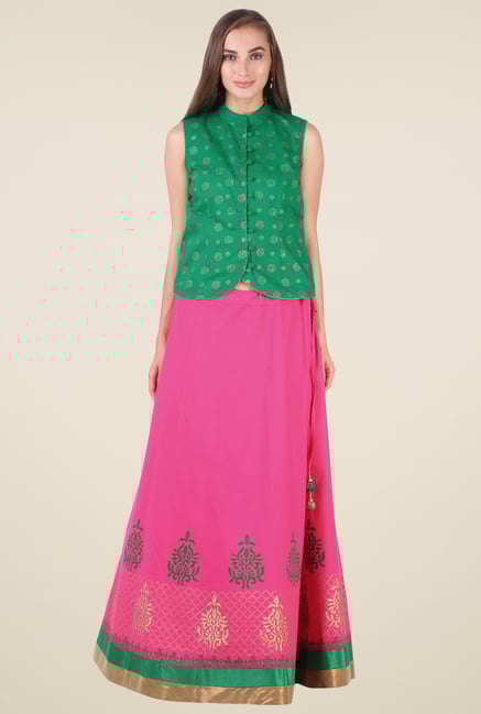 9rasa Fuchsia & Green Printed Lehenga Set 9rasa Fuchsia & Green Printed Lehenga Set