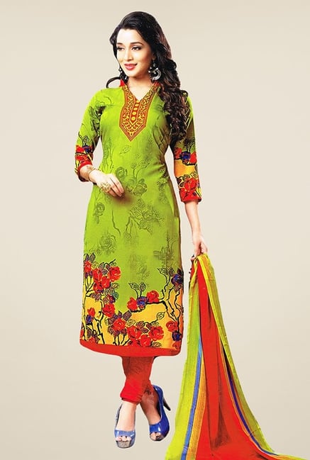 Salwar Studio Green & Red Printed Dress Material Salwar Studio Green & Red Printed Dress Material