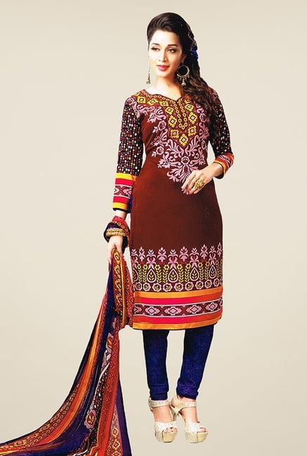 Salwar Studio Brown & Blue Printed Dress Material Salwar Studio Brown & Blue Printed Dress Material