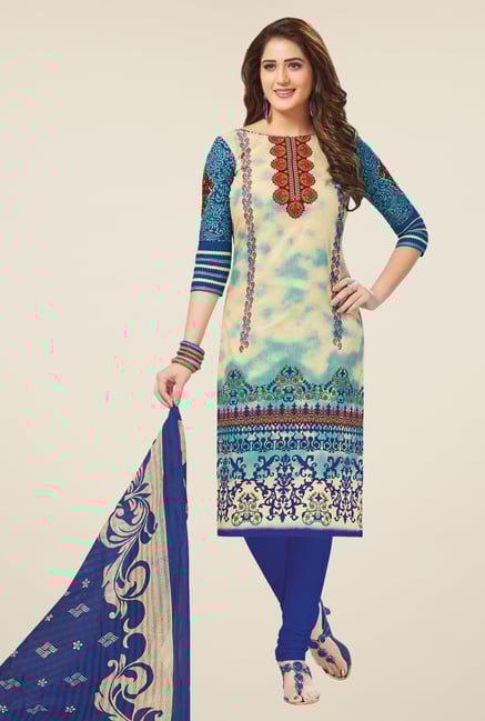 Salwar Studio Beige & Blue Printed Dress Material Salwar Studio Beige & Blue Printed Dress Material