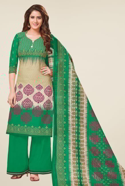 Salwar Studio Green & Beige Printed Dress Material Salwar Studio Green & Beige Printed Dress Material