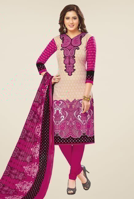 Salwar Studio Beige & Magenta Printed Dress Material Salwar Studio Beige & Magenta Printed Dress Material