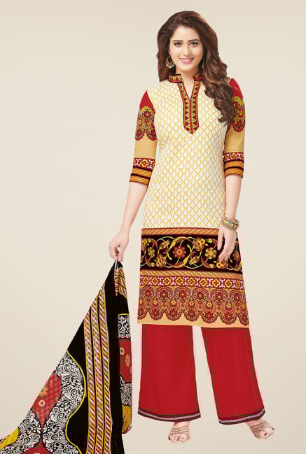 Salwar Studio Beige & Red Printed Dress Material Salwar Studio Beige & Red Printed Dress Material