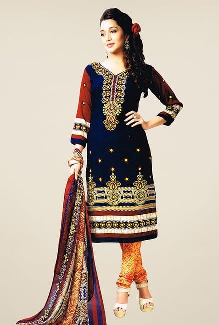 Salwar Studio Dark Blue & Orange Printed Dress Material Salwar Studio Dark Blue & Orange Printed Dress Material