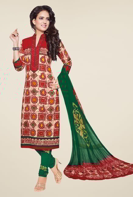 Salwar Studio Red & Green Batik Print Dress Material Salwar Studio Red & Green Batik Print Dress Material