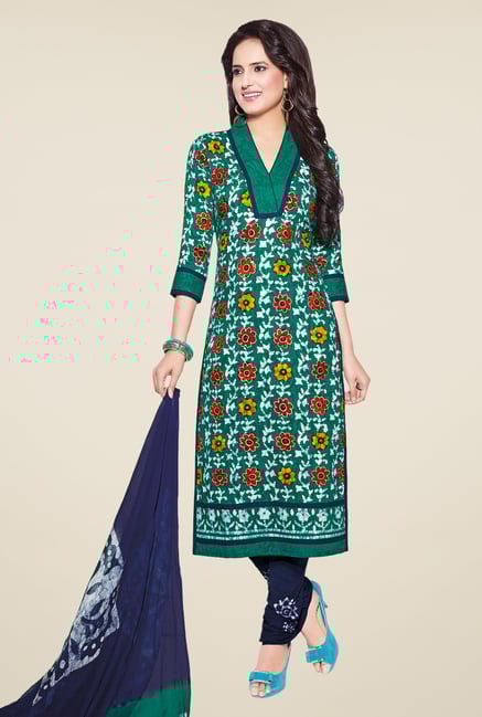 Salwar Studio Teal & Navy Batik Print Dress Material Salwar Studio Teal & Navy Batik Print Dress Material