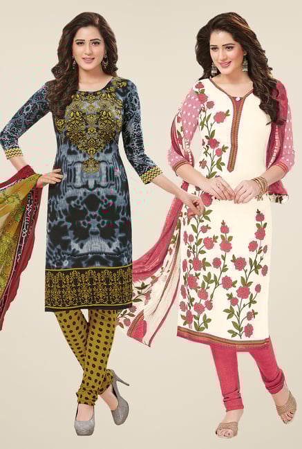 Salwar Studio Grey & Off White Dress Material (Pack Of 2) Salwar Studio Grey & Off White Dress Material (Pack Of 2)
