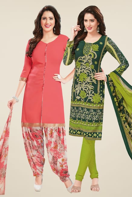 Salwar Studio Peach & Green Dress Material (Pack Of 2) Salwar Studio Peach & Green Dress Material (Pack Of 2)