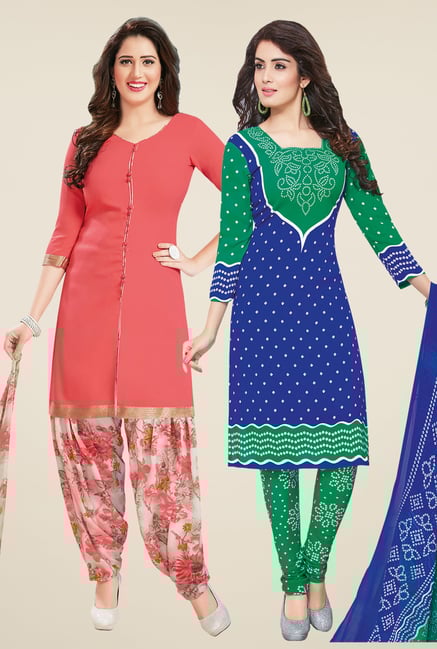Salwar Studio Peach & Blue Dress Material (Pack Of 2) Salwar Studio Peach & Blue Dress Material (Pack Of 2)
