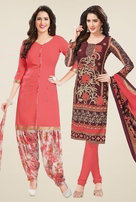 Salwar Studio Peach & Brown Dress Material (Pack Of 2) Salwar Studio Peach & Brown Dress Material (Pack Of 2)
