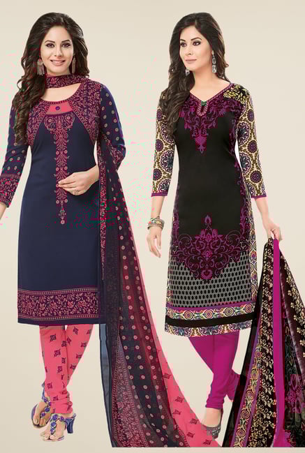 Salwar Studio Navy & Black Dress Material (Pack Of 2) Salwar Studio Navy & Black Dress Material (Pack Of 2)