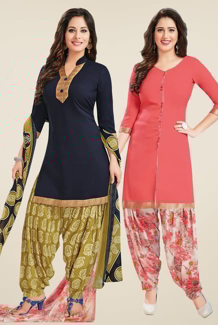 Salwar Studio Navy & Peach Dress Material (Pack Of 2) Salwar Studio Navy & Peach Dress Material (Pack Of 2)