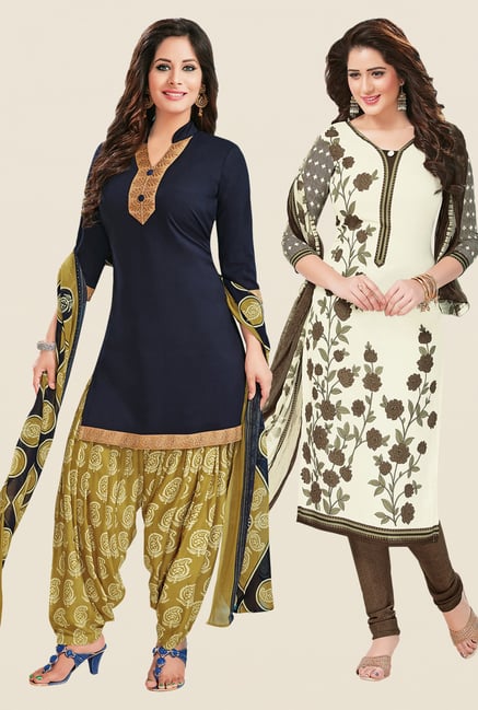 Salwar Studio Navy & Cream Dress Material (Pack Of 2) Salwar Studio Navy & Cream Dress Material (Pack Of 2)