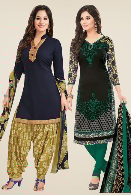 Salwar Studio Navy & Black Dress Material (Pack Of 2) Salwar Studio Navy & Black Dress Material (Pack Of 2)