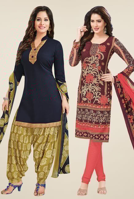 Salwar Studio Navy & Brown Dress Material (Pack Of 2) Salwar Studio Navy & Brown Dress Material (Pack Of 2)