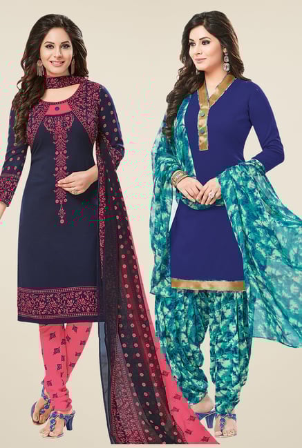 Salwar Studio Navy & Blue Dress Material (Pack Of 2) Salwar Studio Navy & Blue Dress Material (Pack Of 2)