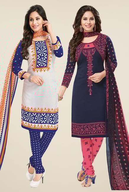 Salwar Studio White & Navy Dress Material (Pack Of 2) Salwar Studio White & Navy Dress Material (Pack Of 2)