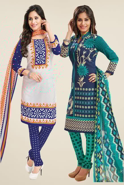 Salwar Studio White & Navy Dress Material (Pack Of 2) Salwar Studio White & Navy Dress Material (Pack Of 2)