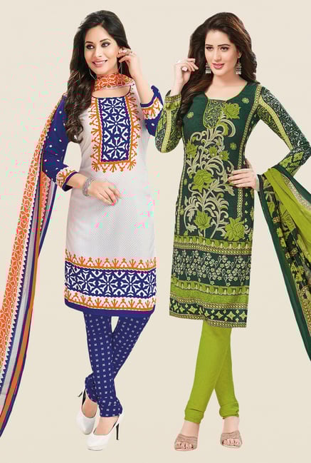 Salwar Studio White & Green Dress Material (Pack Of 2) Salwar Studio White & Green Dress Material (Pack Of 2)