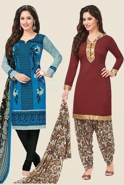 Salwar Studio Blue & Brown Dress Material (Pack Of 2) Salwar Studio Blue & Brown Dress Material (Pack Of 2)