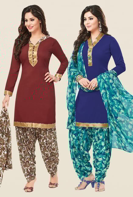 Salwar Studio Brown & Blue Dress Material (Pack Of 2) Salwar Studio Brown & Blue Dress Material (Pack Of 2)