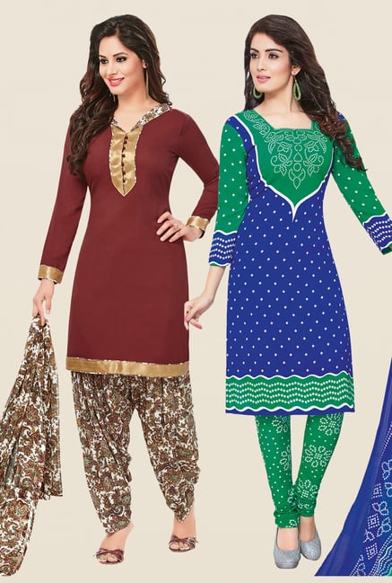 Salwar Studio Brown & Blue Dress Material (Pack Of 2) Salwar Studio Brown & Blue Dress Material (Pack Of 2)