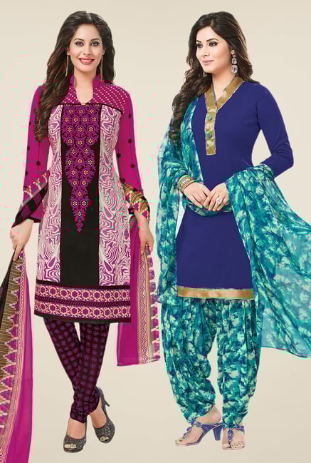 Salwar Studio Magenta & Blue Dress Material (Pack Of 2) Salwar Studio Magenta & Blue Dress Material (Pack Of 2)