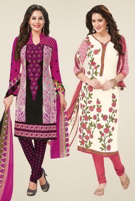 Salwar Studio Magenta & Off White Dress Material (Pack Of 2) Salwar Studio Magenta & Off White Dress Material (Pack Of 2)
