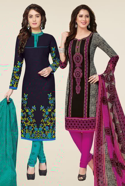 Salwar Studio Navy & Black Dress Material (Pack Of 2) Salwar Studio Navy & Black Dress Material (Pack Of 2)