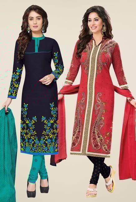Salwar Studio Navy & Coral Dress Material (Pack Of 2) Salwar Studio Navy & Coral Dress Material (Pack Of 2)