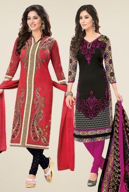 Salwar Studio Coral & Black Dress Material (Pack Of 2) Salwar Studio Coral & Black Dress Material (Pack Of 2)