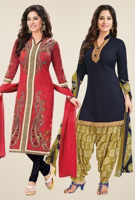 Salwar Studio Coral & Navy Dress Material (Pack Of 2) Salwar Studio Coral & Navy Dress Material (Pack Of 2)