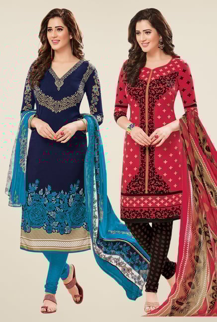 Salwar Studio Navy & Coral Dress Material (Pack Of 2) Salwar Studio Navy & Coral Dress Material (Pack Of 2)