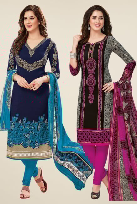 Salwar Studio Navy & Black Dress Material (Pack Of 2) Salwar Studio Navy & Black Dress Material (Pack Of 2)