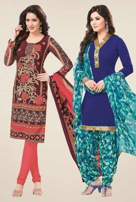 Salwar Studio Brown & Blue Dress Material (Pack Of 2) Salwar Studio Brown & Blue Dress Material (Pack Of 2)