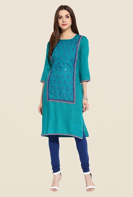 Mytri Turquoise Embroidered Kurta Mytri Turquoise Embroidered Kurta