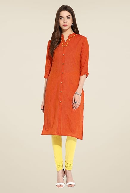 Mytri Orange Textured Kurta Mytri Orange Textured Kurta